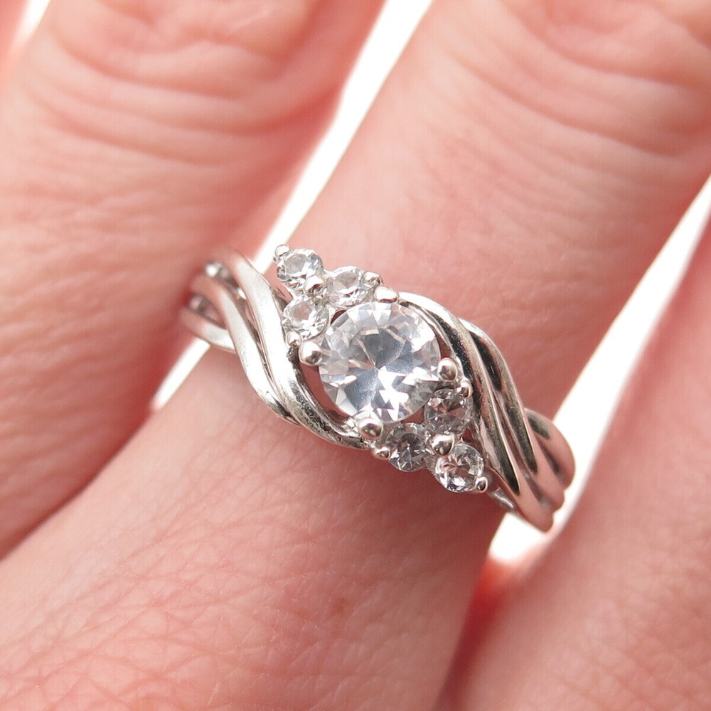 SUN 925 Sterling Silver Real Round-Cut White Topaz Engagement Ring Size 6.75